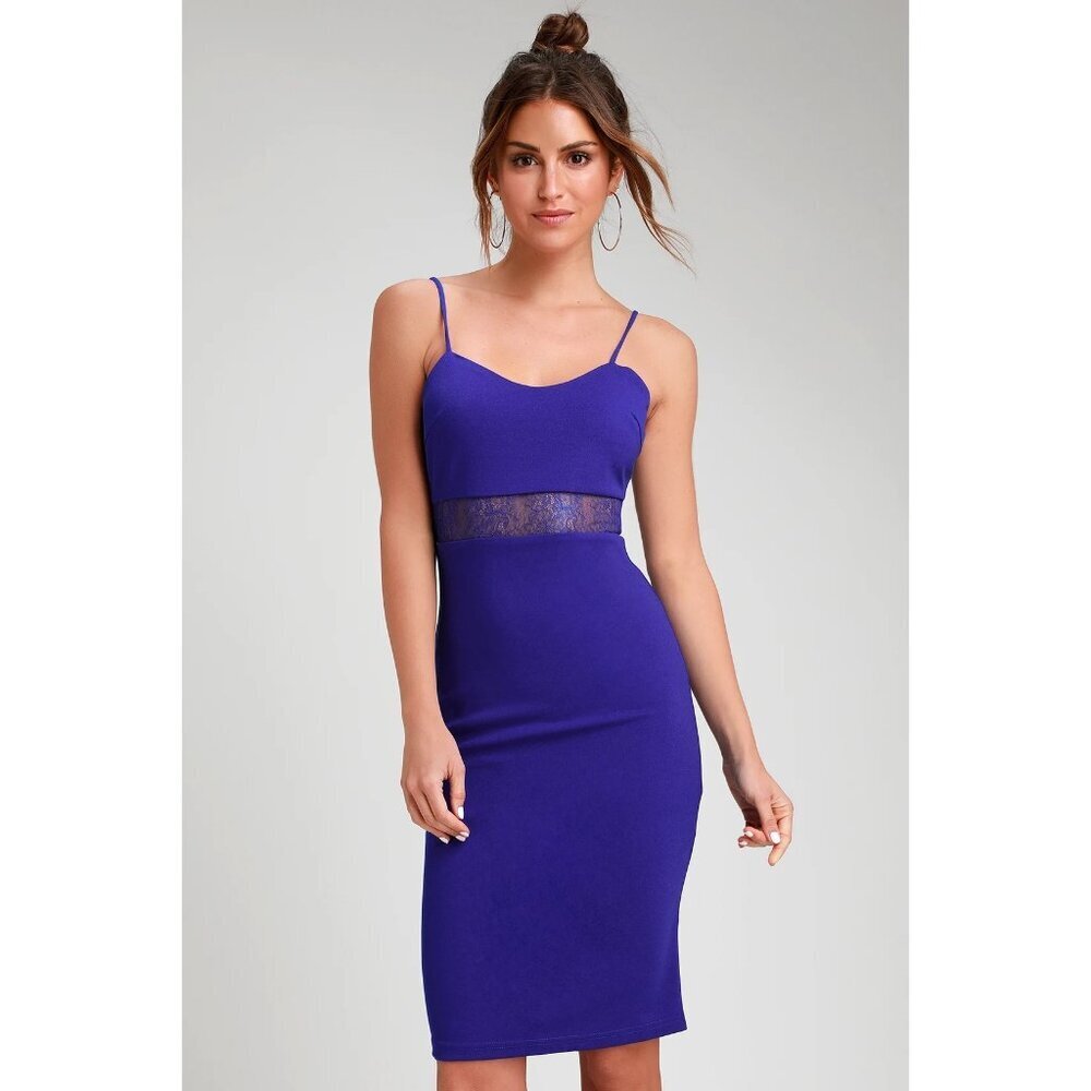 Lulus Sexy Blue Dress Limo Ride Lace Bodycon Cobalt Sheath Women's L